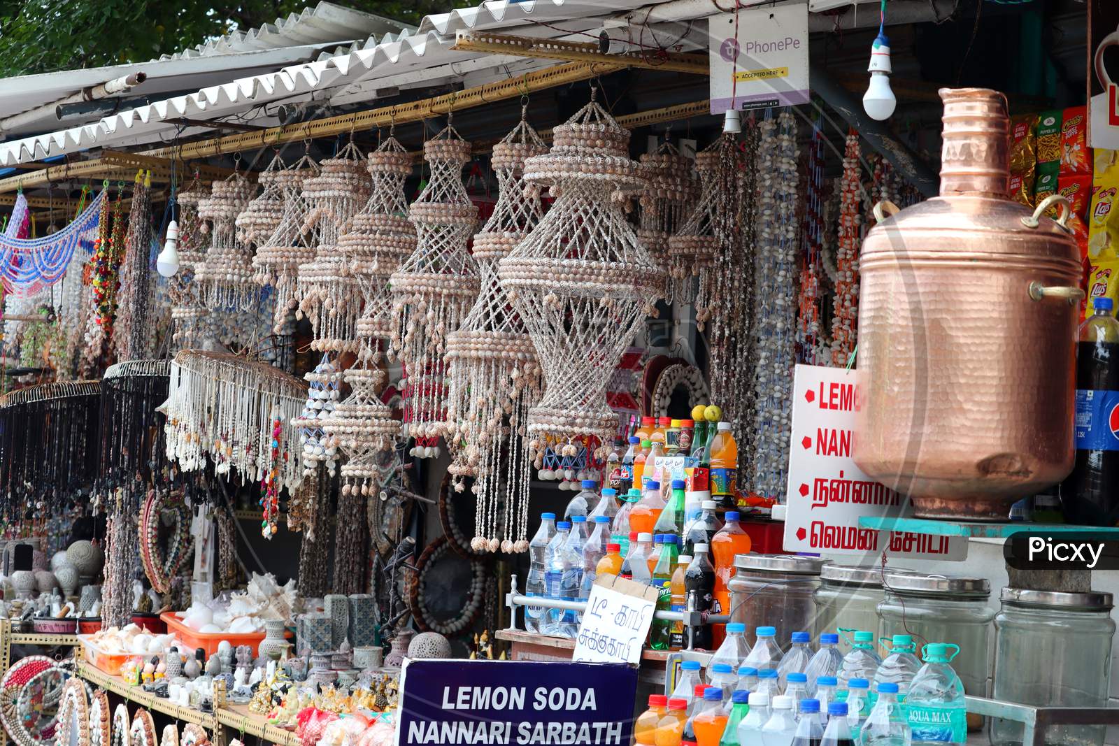 Decorative Products Made Of Sea Shell Decorated In The Retail Shop In The Market For The Business Of Upcoming Festivals