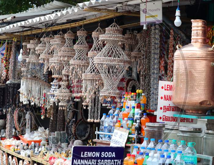 Decorative Products Made Of Sea Shell Decorated In The Retail Shop In The Market For The Business Of Upcoming Festivals