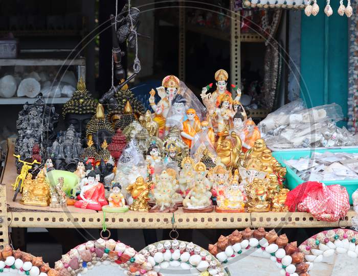 Preparations Started For The Upcoming Festival In The Market, In Which The Retail Shop Adorned With The Idols Of Hindu Goddess