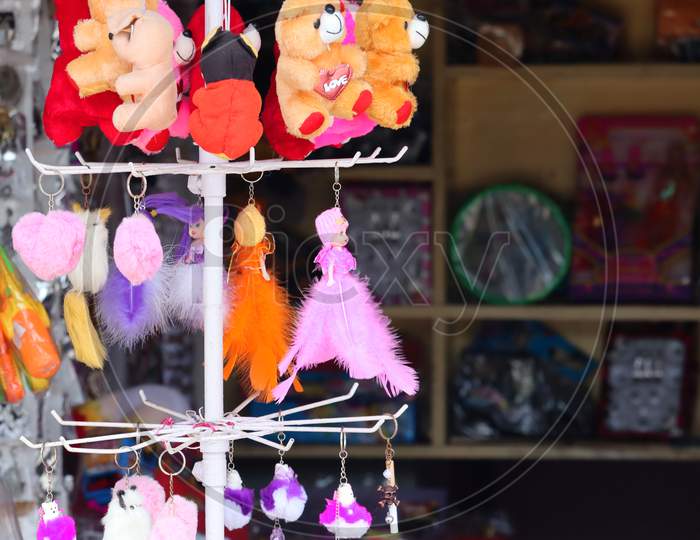 Decorated In The Market Keychain Made Of Colorful Feathers Of Beautiful And Attractive Birds