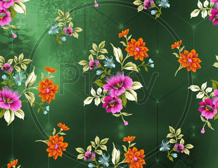 black and green background, botanical flowers, pink and red flowers