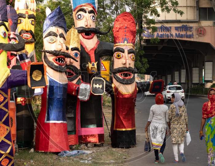 Ravana effigies being made for Ravan Dahan before Dussehra at Atish Market, Jaipur, Oct 23, 2020