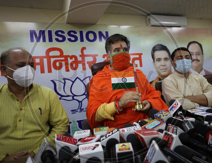 Jammu and Kashmir BJP President Ravinder Raina addresses a press conference at the party office in Jammu,  24 october,2020.