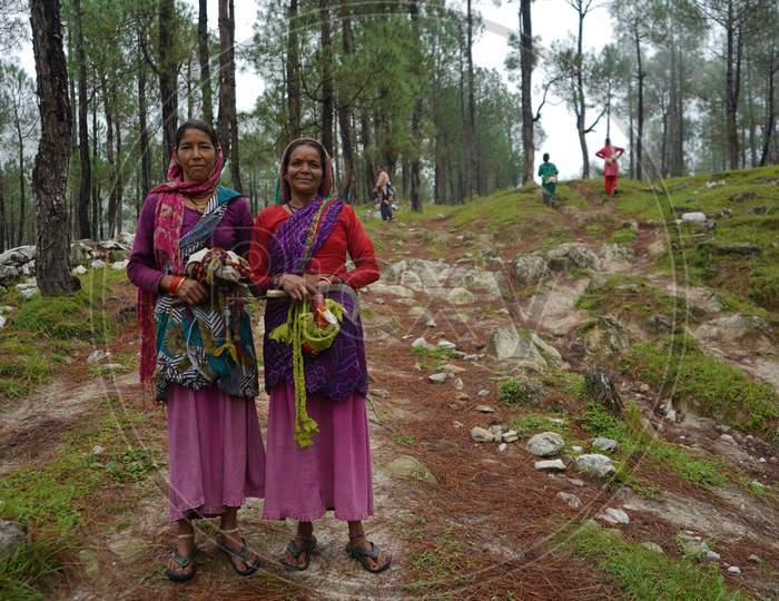 Almora, India - September 06, 2020: Portrait Of Three Village Women, Standing With Each Other, Wearing Traditional Clothes.