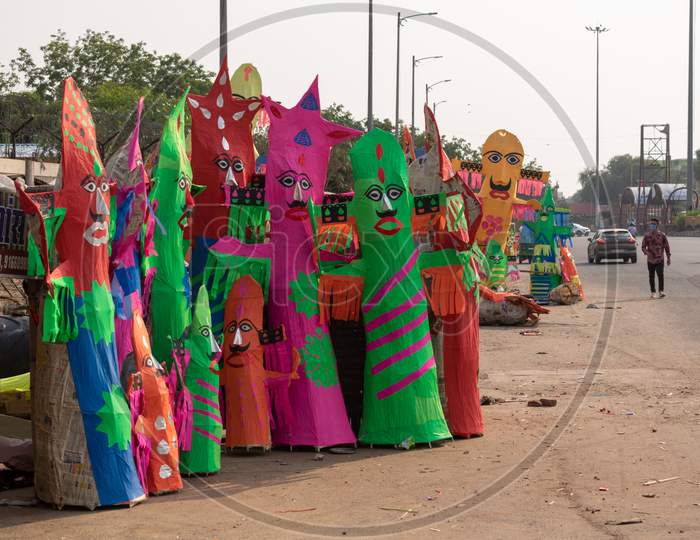 Ravana effigies being sold for Ravan Dahan before Dussehra at Ravan Mandi, Jaipur, Oct 23, 2020