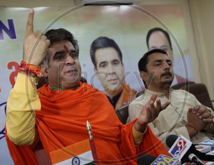 Jammu and Kashmir BJP President Ravinder Raina addresses a press conference at the party office in Jammu,  24 october,2020.