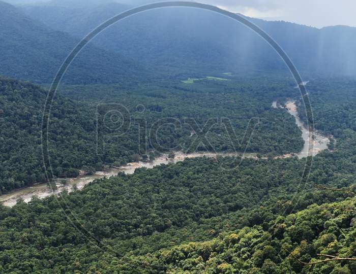 Top view of water flowing in the forest
