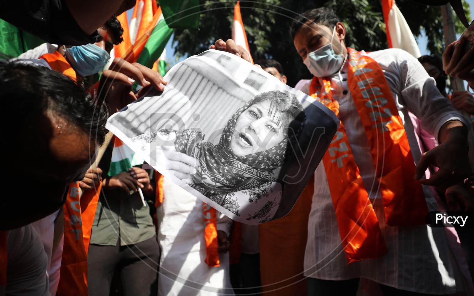 Shiv Sena Dogra Front activists during a protest against PDP President Mehbooba Mufti, in Jammu, 24,october,2020.