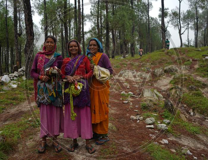 Almora, India - September 06, 2020: Portrait Of Three Village Women, Standing With Each Other, Wearing Traditional Clothes.