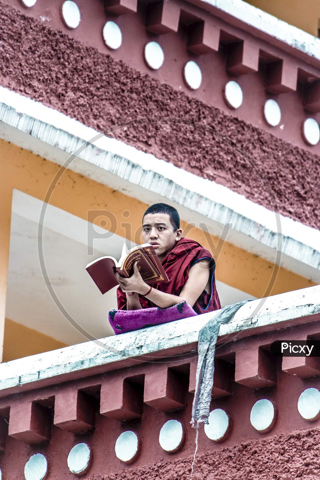 A Buddhist monk is reading  a book