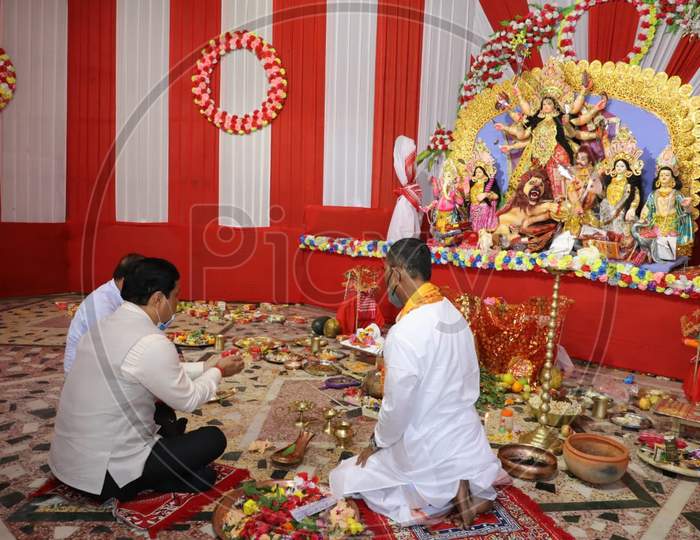 Assam Chief Minister Sarbananda Sonowal  visit  community puja  pandal  in Guwahati on Oct 25,2020.