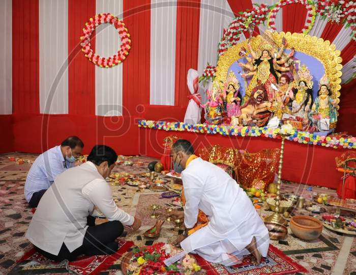 Assam Chief Minister Sarbananda Sonowal  visits  community puja  pandal  in Guwahati on Oct 25,2020.