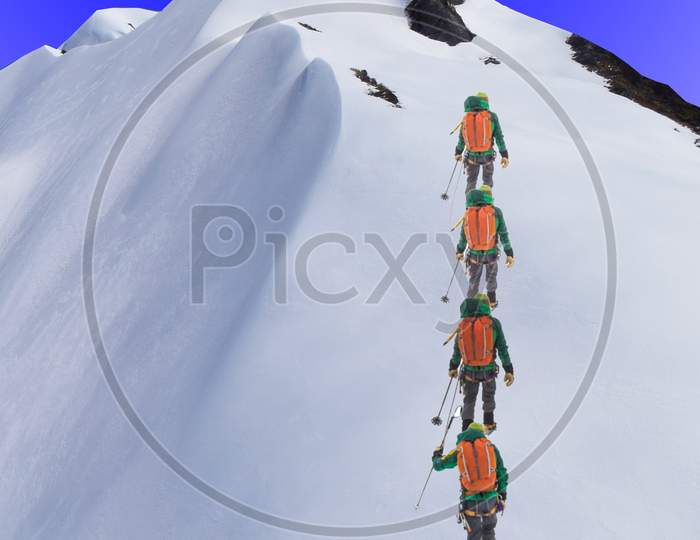 Tied climbers climbing mountain with snow field with a rope with ice axes and helmets.