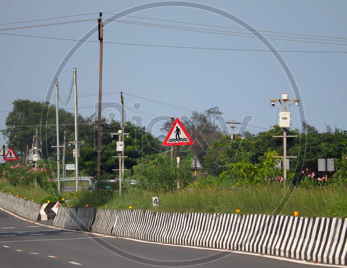 Traffic Road Sign Gap In Median Built On The Road From Safety Point Of View