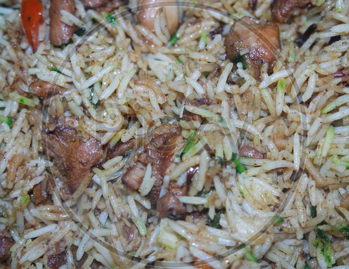 Cooked White Basmati Rice Pulao Or Biryani With Chicken Meat