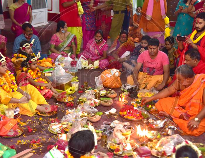 Young girls dress as Living Goddess Kumari participate during the Kumari Puja as part of Navratri - a festival of nine days when devotees worship Goddess Durga at Kamakhya Temple in Guwahati ,india on Oct 25,2020