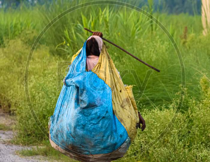 ragpicker women carrying the ragged plastic for recycle