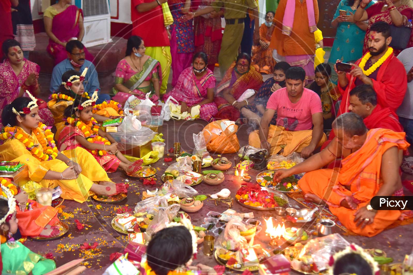 Young girls dress as Living Goddess Kumari participate during the Kumari Puja as part of Navratri - a festival of nine days when devotees worship Goddess Durga at Kamakhya Temple in Guwahati ,india on Oct 25,2020