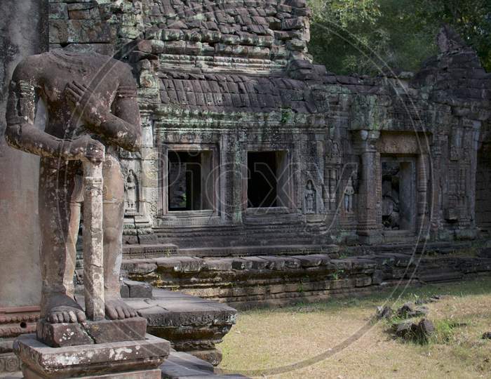 Headless Dvarapala Warrior Statue At Preah Khan Temple In Angkor Wat, Cambodia