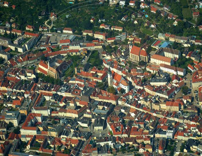 Catholic church in Krems in Austria seen from above 12.9.2020