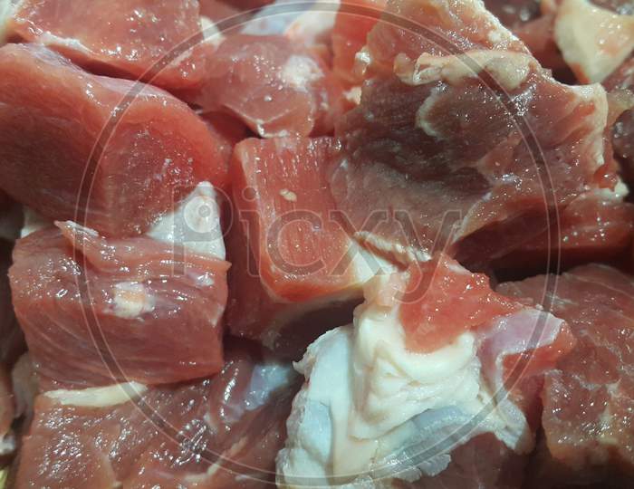 Close Up View Of Fresh Finely Chopped Meat Cubes