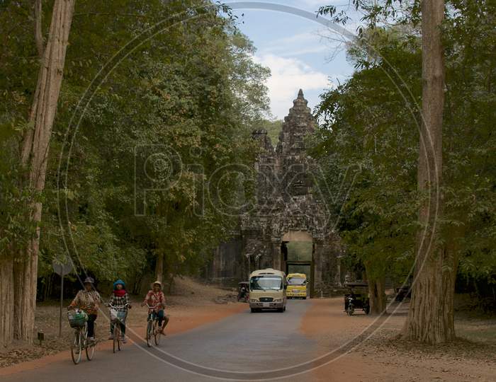 Street View Of Bayon Temple Entrance Gate In Cambodia