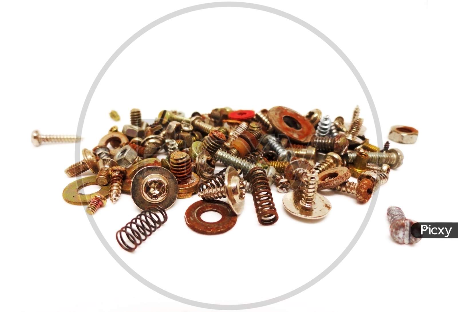 Collection of different size nuts, bolts and springs