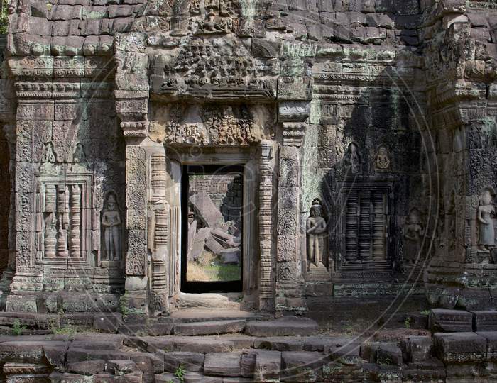 Beauitful Stone Door At Ta Prohm Temple Building In Cambodia