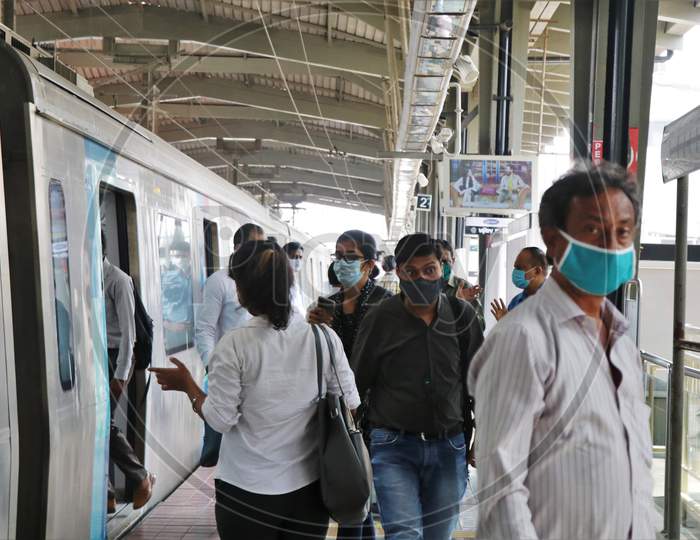 Commuters are seen on a platform, after authorities resumed the metro services, amidst the coronavirus disease (COVID-19) outbreak, in Mumbai, India, October 28, 2020.