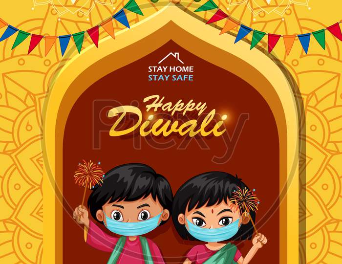 Diwali greetings illustration in the pandemic. Covid Corona Virus concept.