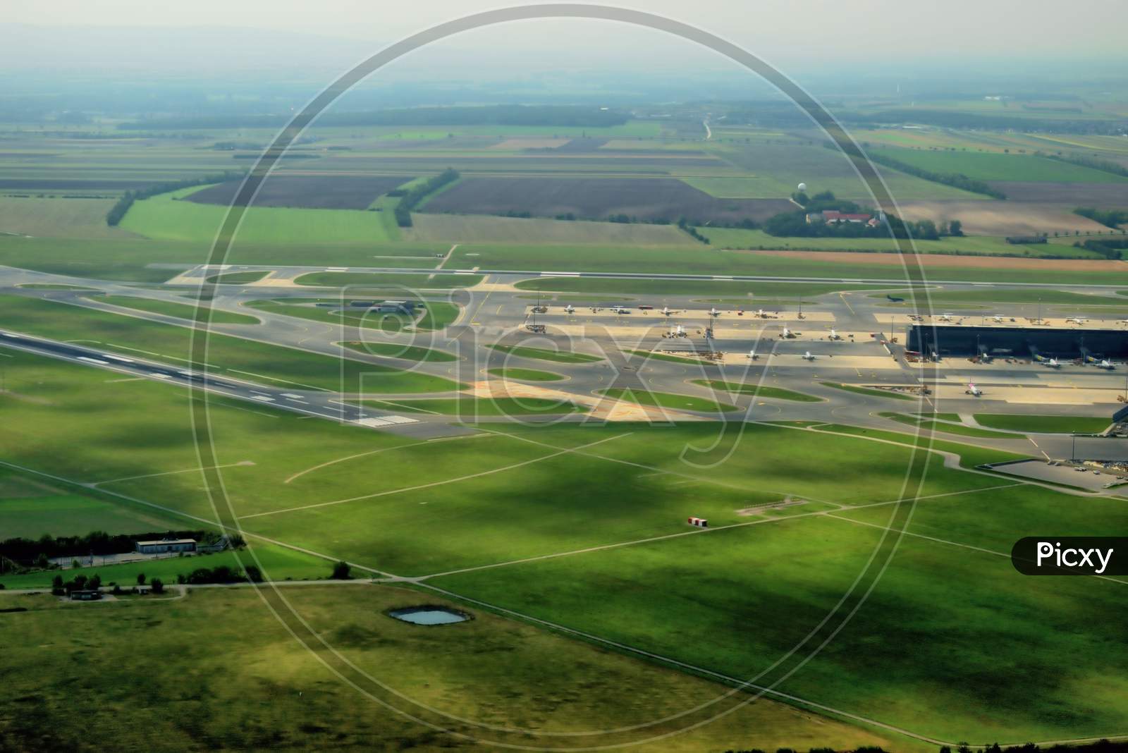 Image of Vienna international airport in Austria seen from a small