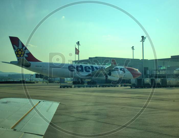 Edelweiss airlines Airbus A340 is parking at the Zurich international airport in Switzerland 17.9.2020