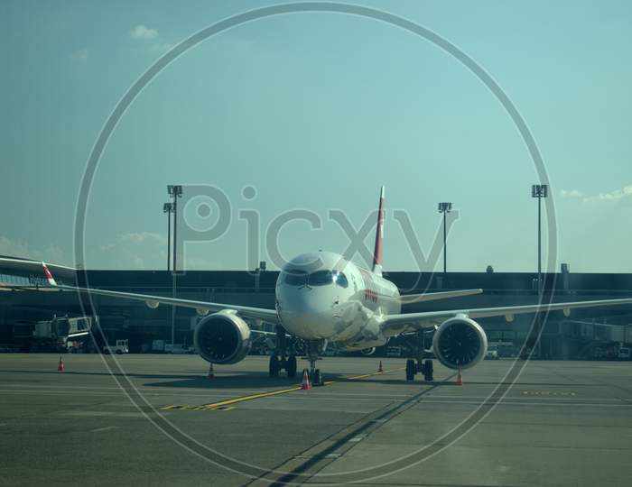 Swiss international airlines A220 is parking at the Zurich international airport in Switzerland 17.9.2020
