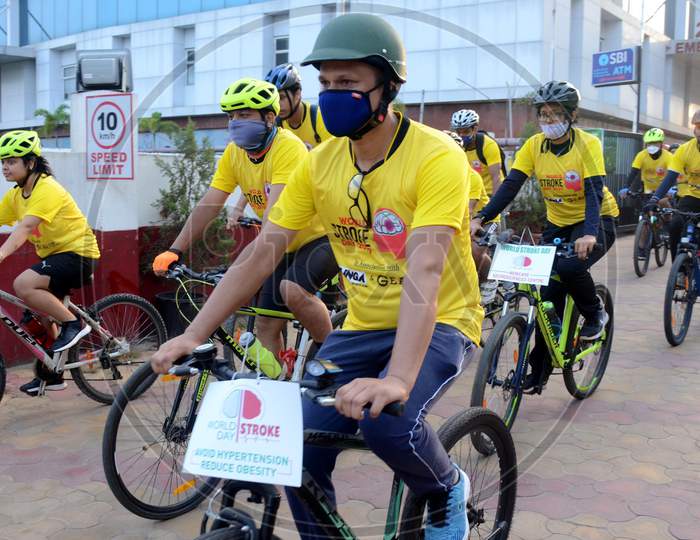 People take part a cycle rally on the occasion of World stroke day in Guwahati on Thursday, Oct 29, 2020.