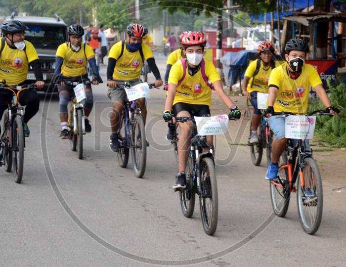 People take part a cycle rally on the occasion of World stroke day in Guwahati on Thursday, Oct 29, 2020.
