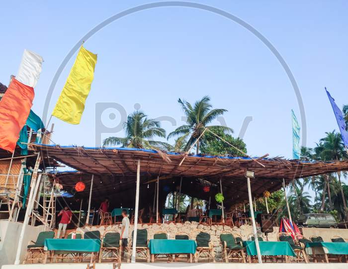 Goa - india - December 2019:  Sea facing Shack adjoining beach for partying and relaxing