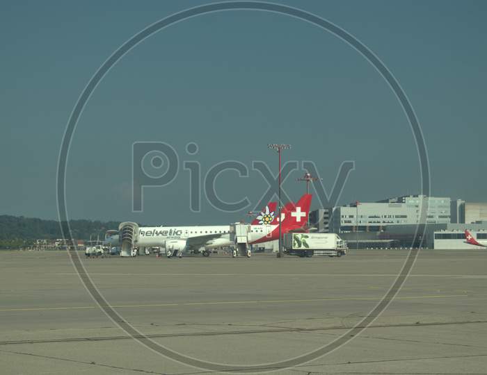 Helvetic airways Embraer E190 is parking at the Zurich international airport in Switzerland 17.9.2020