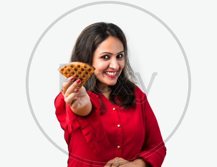 Indian Asian Young Woman Eating Sweet Belgian Waffle