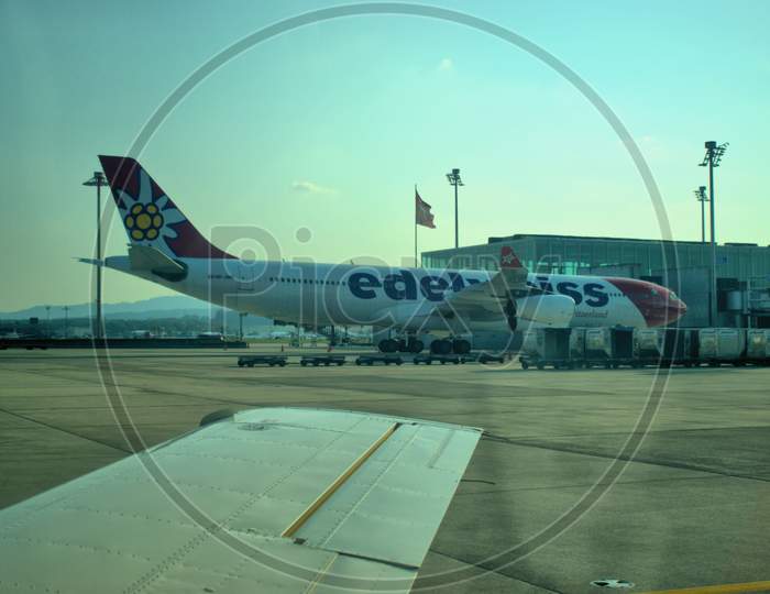 Edelweiss airlines Airbus A340 is parking at the Zurich international airport in Switzerland 17.9.2020
