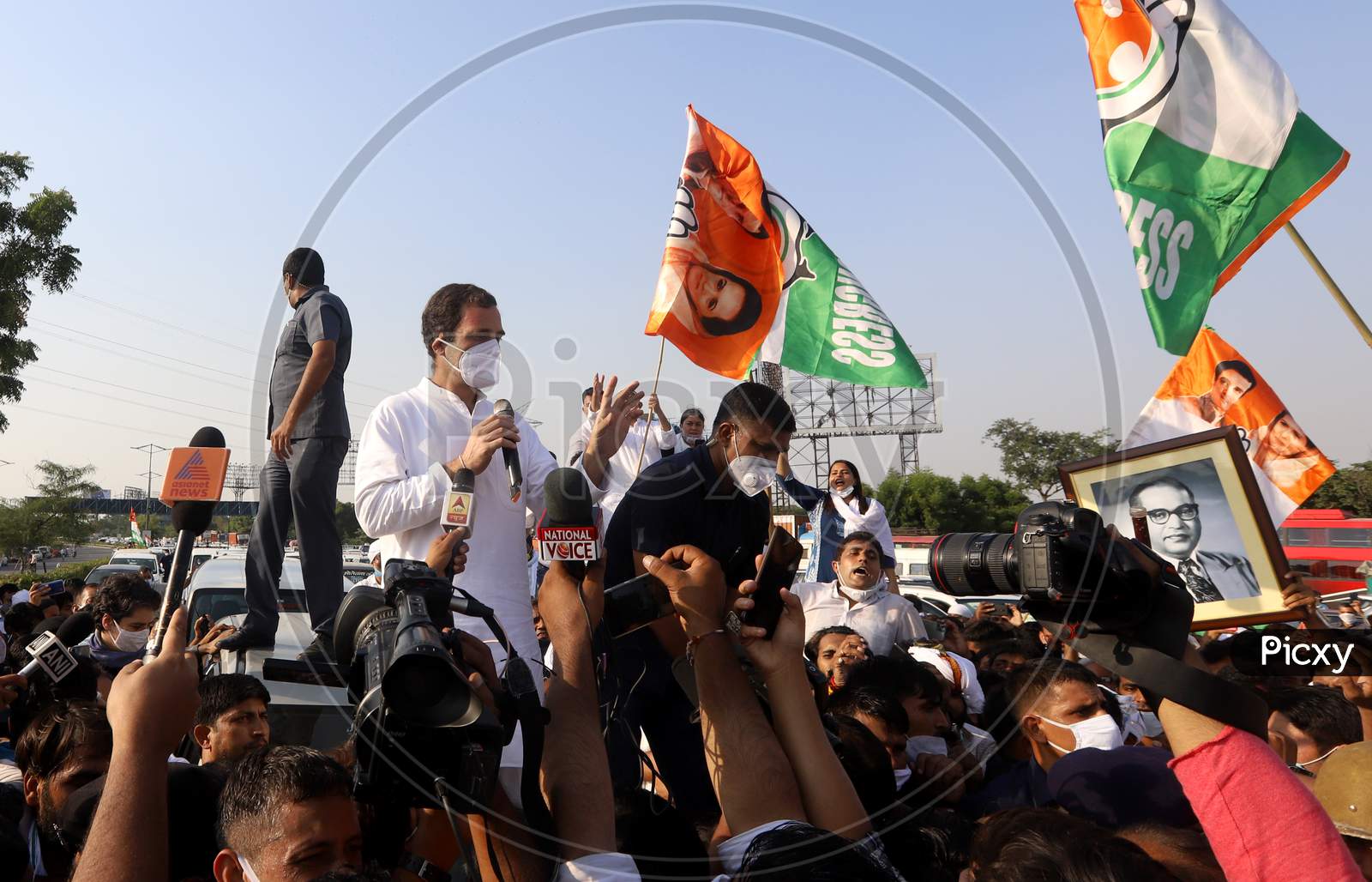 Rahul Gandhi, leader of Congress party, addresses his party workers at Delhi-Noida border during a protest after the death of a rape victim, in Noida, India, October 3, 2020.