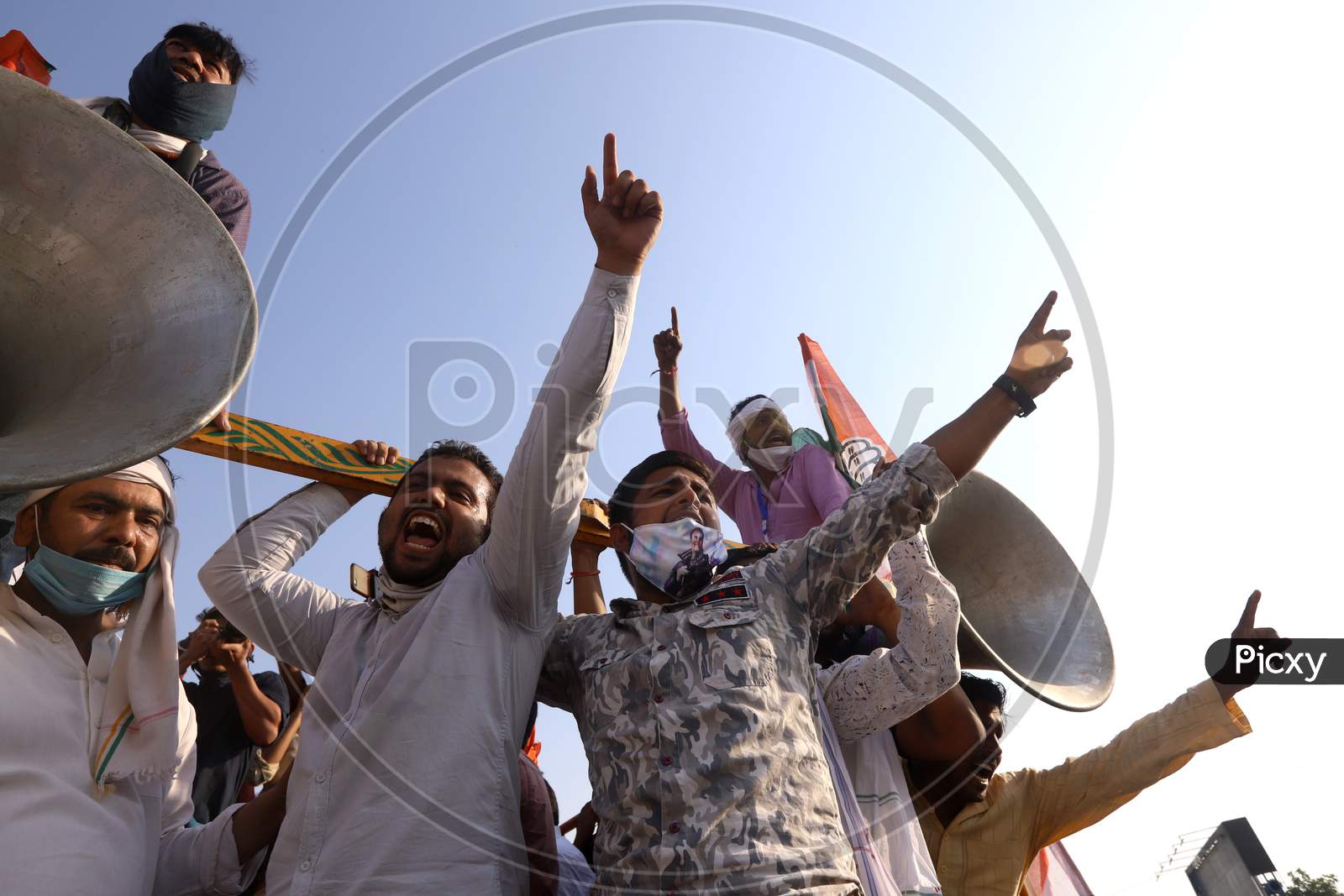 Congress party workers protest at Delhi-Noida border during a protest after the death of a rape victim, in Noida, India, October 3, 2020.