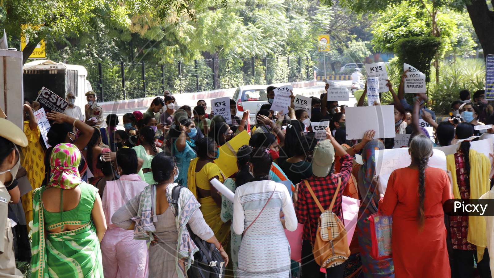Women protest demanding justice for Hathras gang-rape victim, at Jantar Mantar, on October 2, 2020 in New Delhi, India