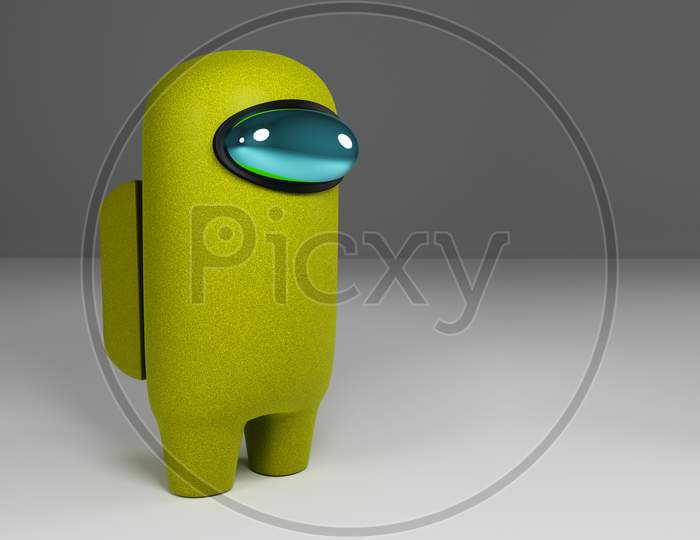 3D Rendering Of Yellow "Among Us" Character Standing Against A White Background