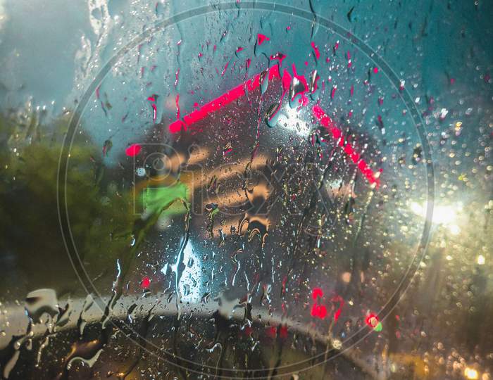 Rain droplets on a car window.