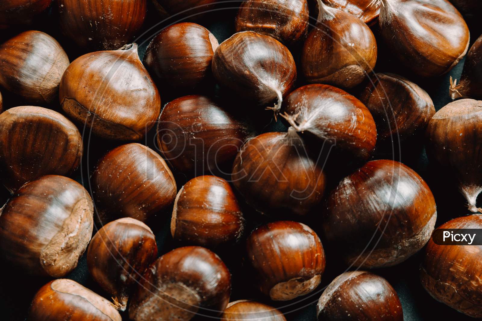 Super Close Up Of A Lot Of Chestnuts With Super Texture And Sharpness With Copy Space