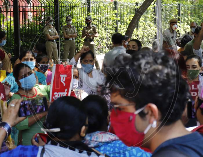 Women protest demanding justice for Hathras gang-rape victim, at Jantar Mantar, on October 2, 2020 in New Delhi, India