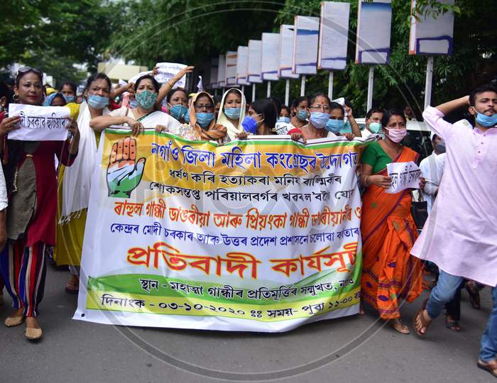 Congress workers  during a protest against the detention of party leader Rahul Gandhi on his way to Hathras thursday  in Nagaon District of Assam on  Oct 3,2020..