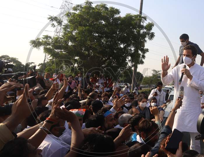 Rahul Gandhi, leader of Congress party, addresses his party workers at Delhi-Noida border during a protest after the death of a rape victim, in Noida, India, October 3, 2020.