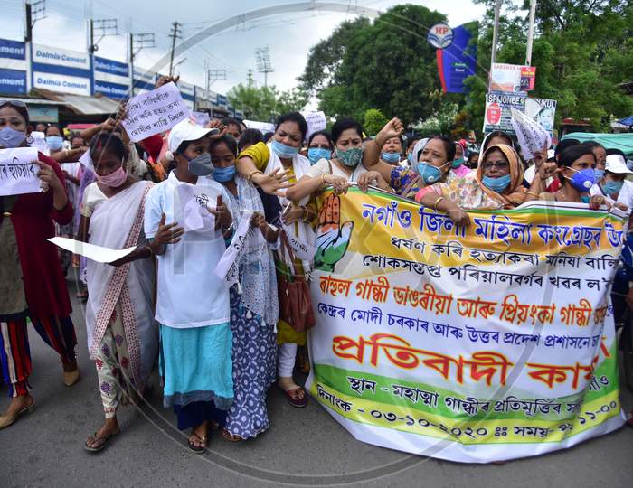 Congress workers  during a protest against the detention of party leader Rahul Gandhi on his way to Hathras thursday,  in Nagaon District of Assam on  Oct 3,2020..