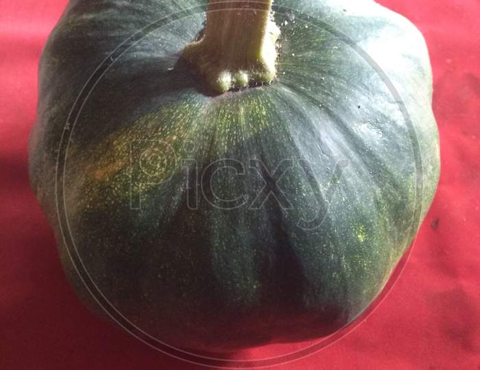 Green pumpkin on red carpet